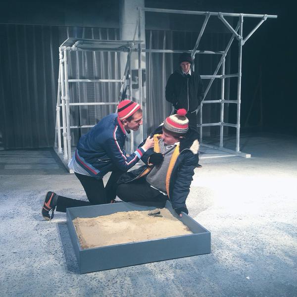 Tarek Slater and Matthew Allen showing off a range of fashionable headwear whilst avoiding vampires in Let The Right One In at ALRA North.